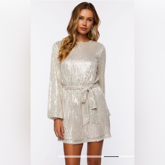 🥂👗✨ Forever21 Sequin Peasant Long-sleeve Mini Dress-S-Champagne-NWT - Picture 3 of 16